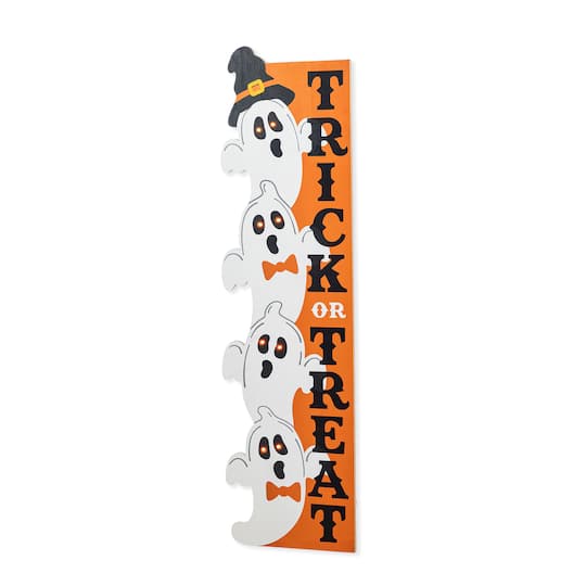 Glitzhome® 42"H Lighted Halloween Wooden Stacked Ghost Porch Sign with Timer in Orange | 11.5" x 0.5" x 42" | Michaels®